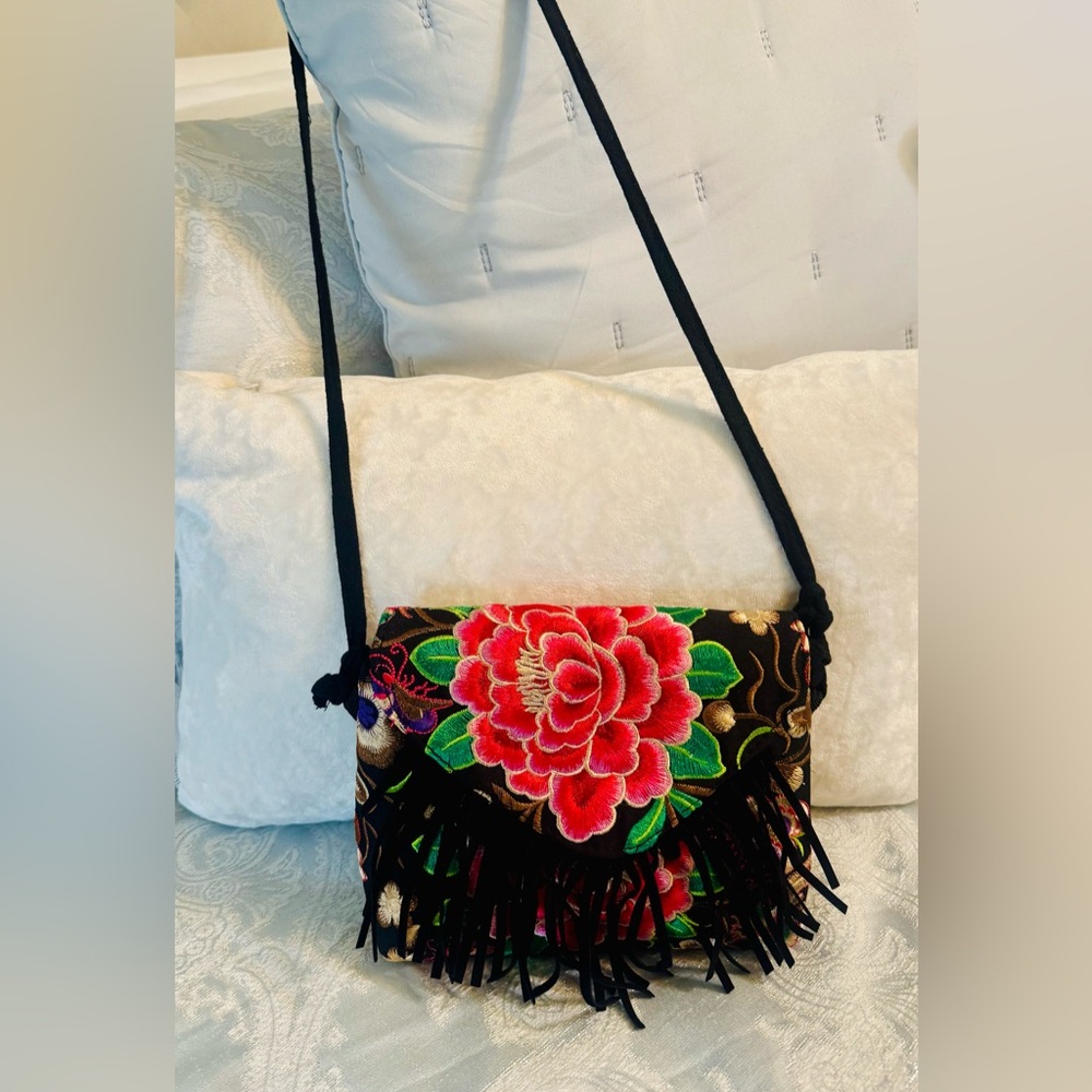 Embroidered Floral Crossbody Bag with Fringe - Black/Red - Picture 2 of 6